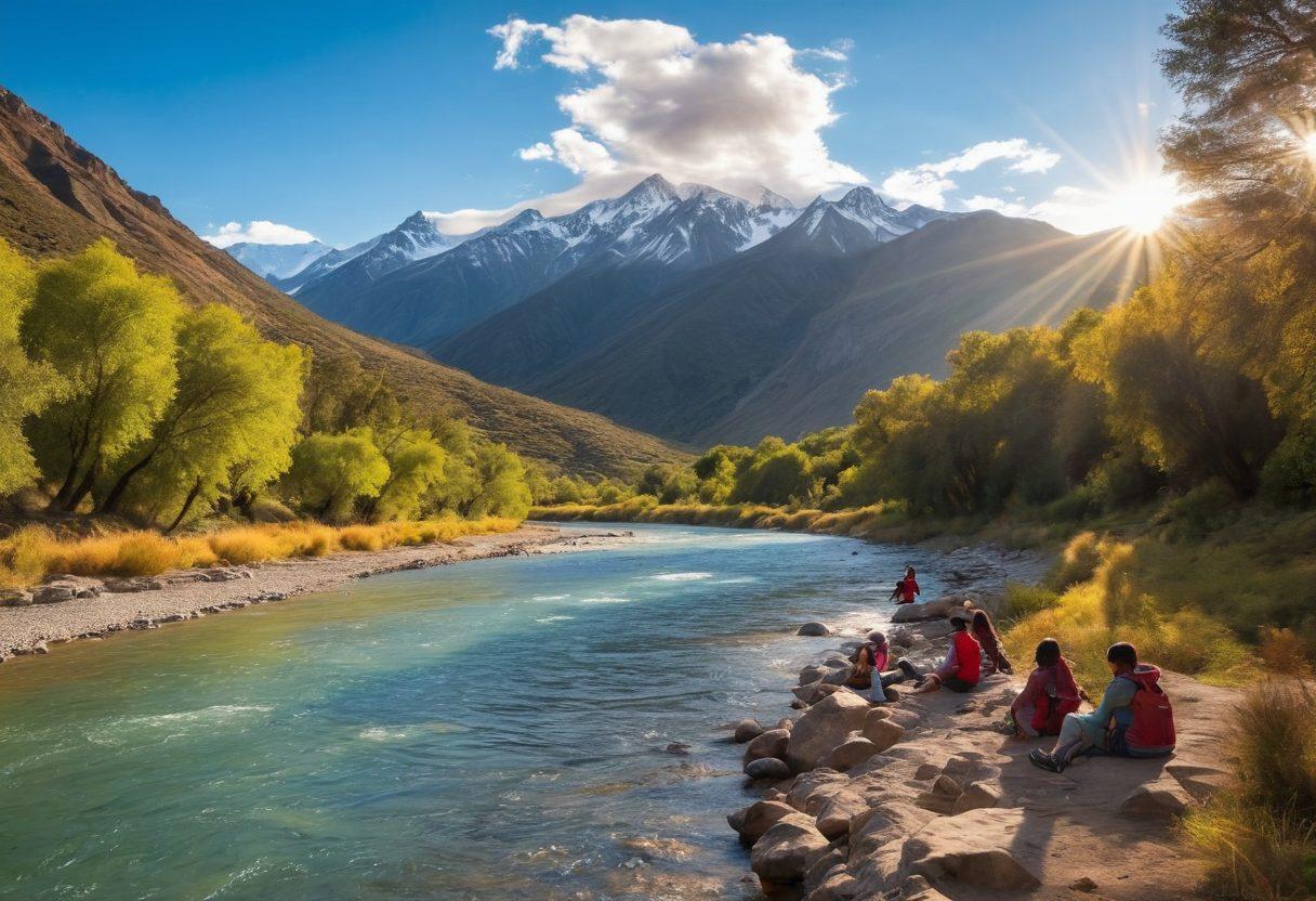 A breathtaking view of Cajon del Maipo, showcasing its rugged mountains and lush green valleys, dotted with families enjoying outdoor activities like hiking and picnicking. In the foreground, a serene river flows with children playing and couples capturing moments on cameras. The sky is a brilliant blue with fluffy clouds, hinting at a joyful atmosphere of adventure. The warm sunlight casts a golden glow, enhancing the feeling of cherished memories being created. vibrant colors. super-realistic.