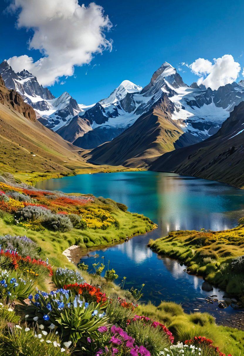 A breathtaking panoramic view of the Andes Mountains showcasing vibrant green valleys, colorful wildflowers, and a serene blue sky. Include hikers joyfully exploring the landscape, with snow-capped peaks in the background reflecting the sunlight. Capture the essence of jubilation and natural beauty in this tranquil setting. super-realistic. vibrant colors. 3D.