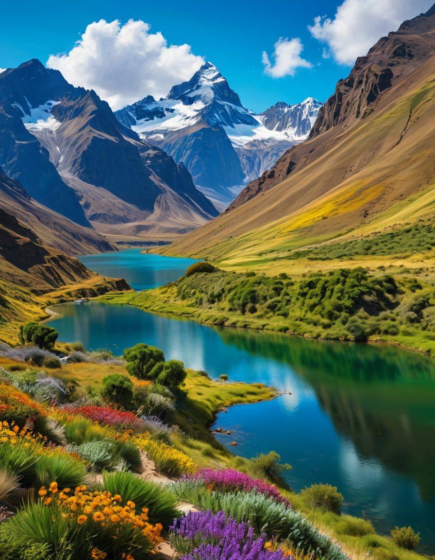 A breathtaking view of the Andes Mountains featuring lush green valleys, vibrant wildflowers, and picturesque lakes, with joyful travelers exploring happy places. Capture the essence of bliss by including a bright, sunny sky and playful wildlife. The scene should evoke feelings of happiness and serenity, highlighting the extraordinary beauty of Cajon de Andes. super-realistic. vibrant colors. 3D.